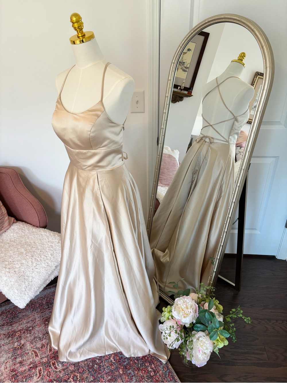Elegant Satin Champagne Prom Dress with Crisscross Back